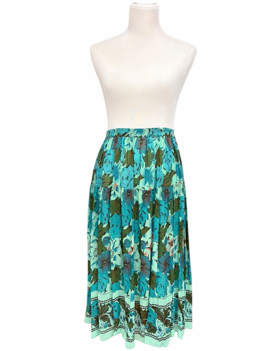 Coldwater Creek Floral Tiered Midi Skirt Teal Green Rayon Medium